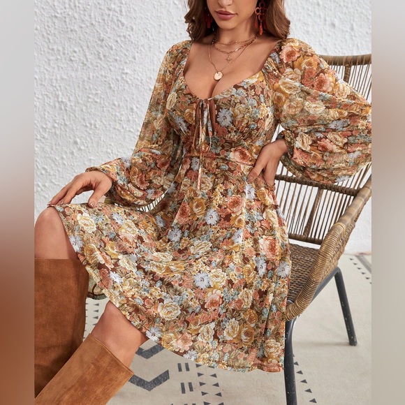 Boho gypsy floral print long sleeve fitted bust mini dress - Picture 1 of 4